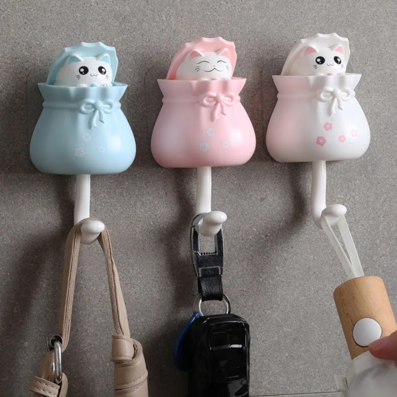 Colgadores para llaves decorativas de gato de dibujos animados para el hogar, soporte adhesivo montado en la pared, perchero para sombrero para percha, accesorios Organizadores de artículos diversos