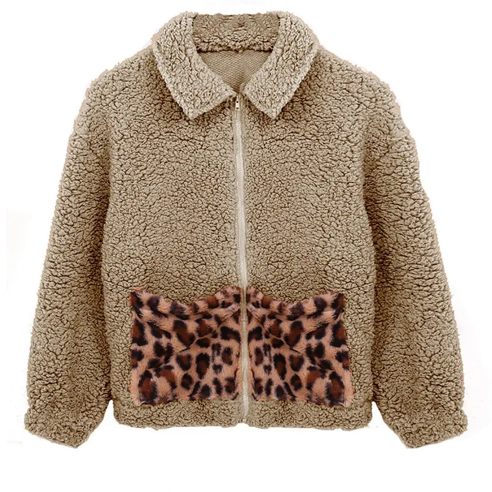 Хаки Plush Lambskin Coat Women Winter Fluffy Fashion Vintage Leopard Long Sleeve Lapel Fake Fur Coat Warm Soft Female Overcoat - Цвет: Хаки