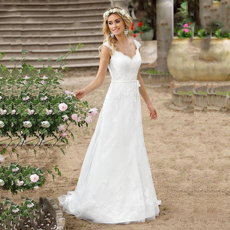 

Boho Wedding Dress Beach Cheap Buttons Back Lace Applique A-line Princess Wedding Gown China Bridal Gowns Vestidos De Novia 2020