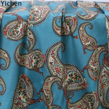 

Blue Paisley stretch silk satin fabric 93% real silk 7% spandex dress material high quality
