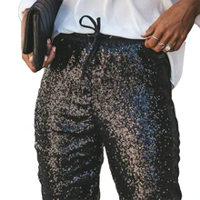 Sexy Sequin Mid Waist Pencil Pants For Women Drawstring Elastic PU Leather Patchwork Shiny Black Glitter Ankle Trouser Styles Sexy Sequin Mid Waist Pencil Pants For Women Drawstring Elastic PU Leather Patchwork Shiny Black Glitter Ankle Trouser Styles