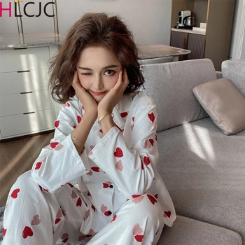 

2020 Spring Long Sleeved Women Pajamas Set Cotton Heart Print HomeWear Leisure Clothes Women Long Pant Pyjamas Sets Nightwear