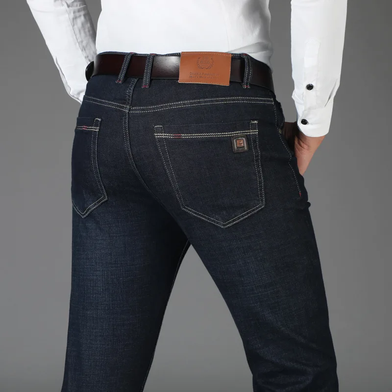 Осень зима джинсовые брюки для мужчин со средней талией эластичные прямые джинсы