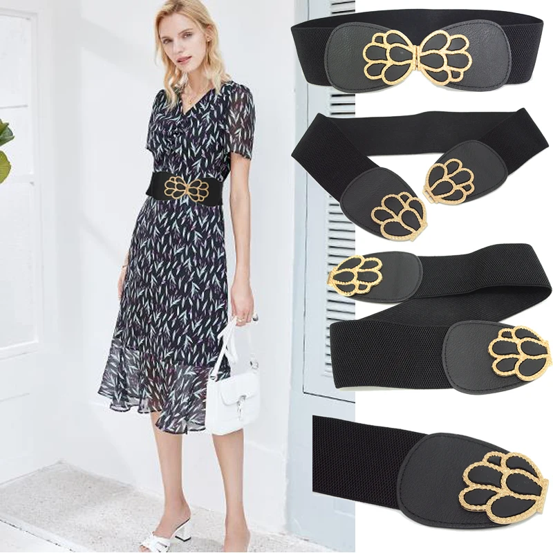 

New Ladies Metal Feather Double Button Waist Seal Luxury Brand Fashion Women's Dress Elastic Decorative Belt Bg-1622