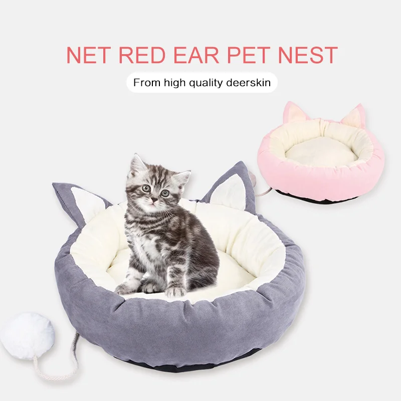 

Pet Cat Dog Round Beds Cute Cat Ears Nest Soft Warm Washable Cat Cushion Cat Mat Cat Sleeping Bed House Pet Products Supplies
