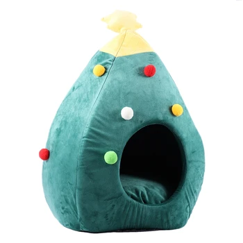 

Pet House Cat Dog Cave Sleeping Bed Christmas Tree Shape Kennel Puppy Bed Winter Warm for Cat Dog Blue