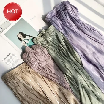 

Summer women shiny silky gloss vintage elegant casual midi skirt 2020 high waist pleated skirts womens lady print skirts female