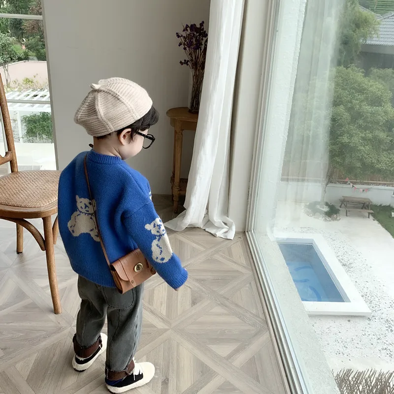 Winter Cartoon Bear Jacquard Children Knitted Sweaters Thick Warm Anti-pilling Baby Girls Boys Cardigan Sweater Soft Coats