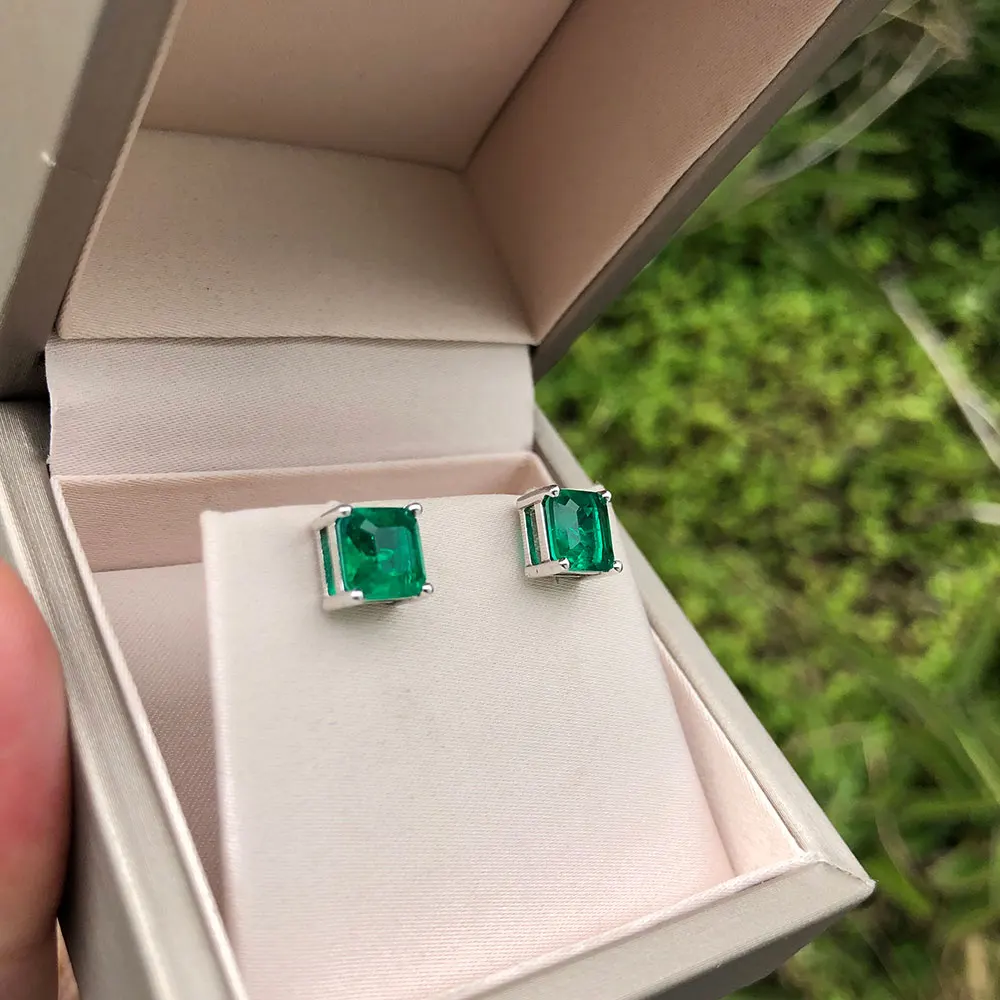 PANSYSEN Vintage Square Emerald Gemstone Stud Earrings for Women Real 925 sterling silver Anniversary Party Women Earrings