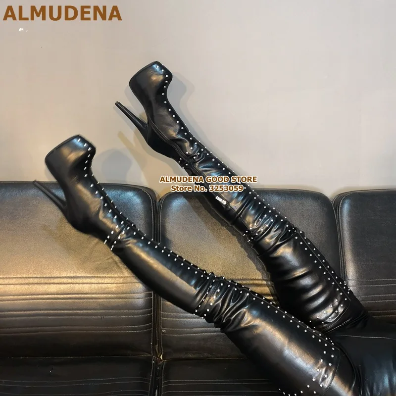 as picture ALMUDENA/Серебристые шипы выше колена; пикантные ботфорты на шпильке с острым носком; высокие сапоги с металлическими заклепками в стиле панк; размеры 47 - Color: as picture