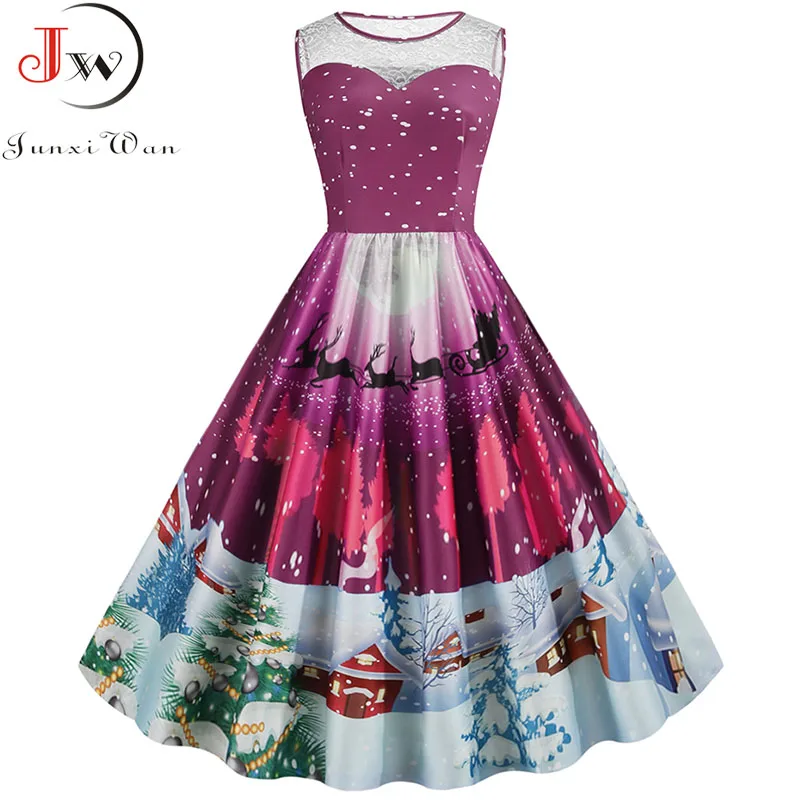 1407-005 S~ 5XL размера плюс женское винтажное кружевное лоскутное рождественское платье халат зимнее красное без рукавов с принтом большое свободное элегантное вечернее платье - Цвет: 1407-005