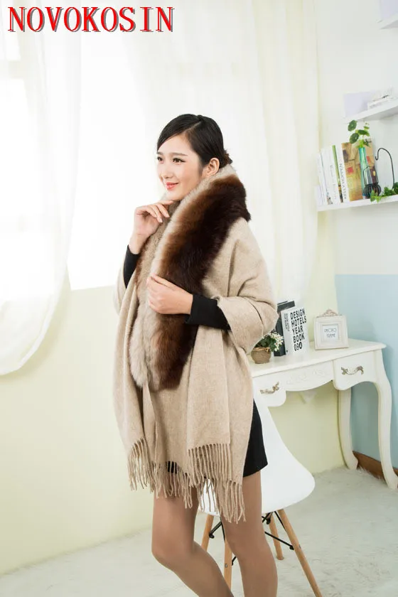 

SC399 2019 Fashion Dye Big Real Fox Fur Neck Shawl Autumn Winter Pashmina Wool Cashmere Scarf Warm Tassel Rectangle Wrap