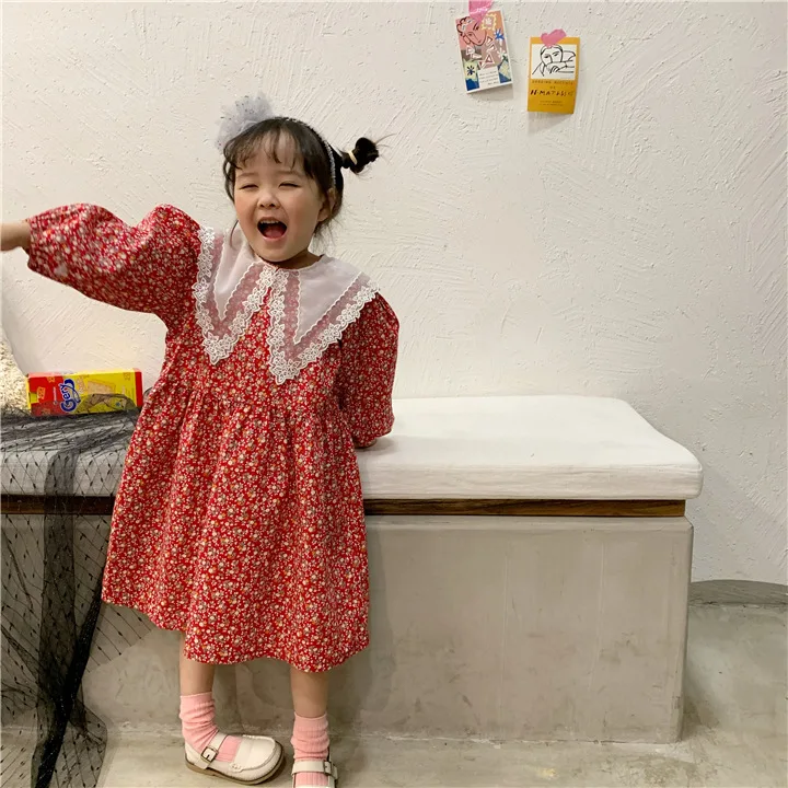 

2020 Spring Lace Collar Girls' Floral Dress Long Sleeve Cotton Princess Dresses for Sweet Baby Girl Forest Kids Pleated Dress