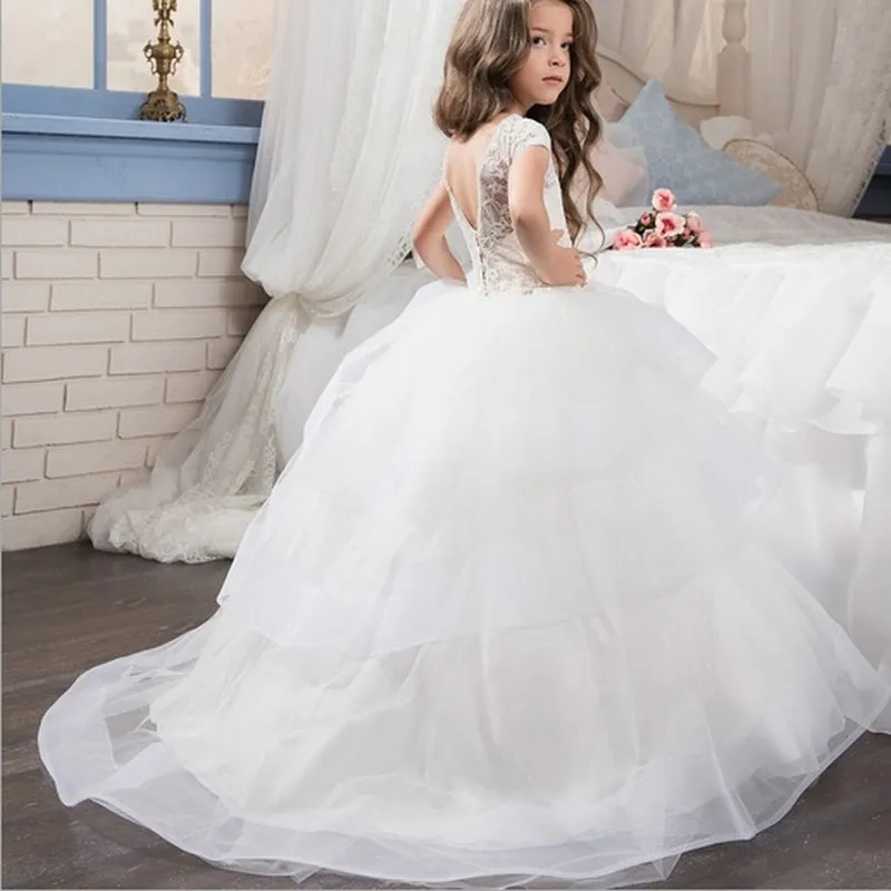 432 (2)Elegant Ruffle Ball Gown Flower Girl Dresses Simple Kids Princess Gown Short Sleeve Wedding Party Birthday 17-432