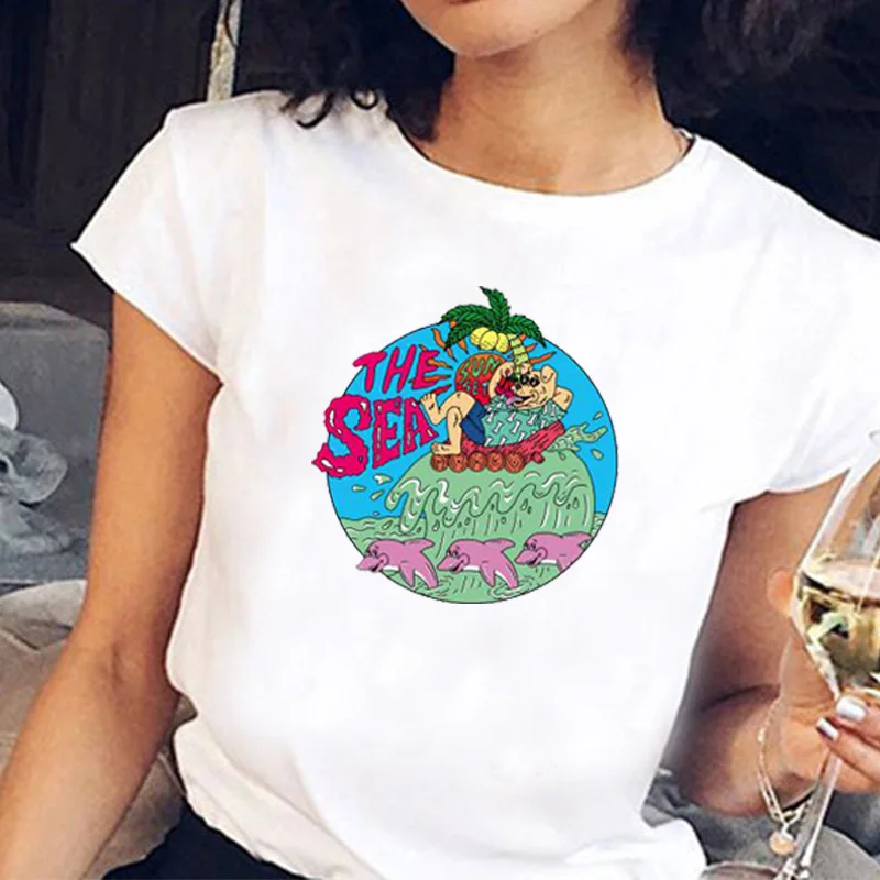 

Vintage Flower Butterfly Sea Wave Printing Woman Tshirts O-neck Aesthetic Femme T-shirts Summer Women Tops