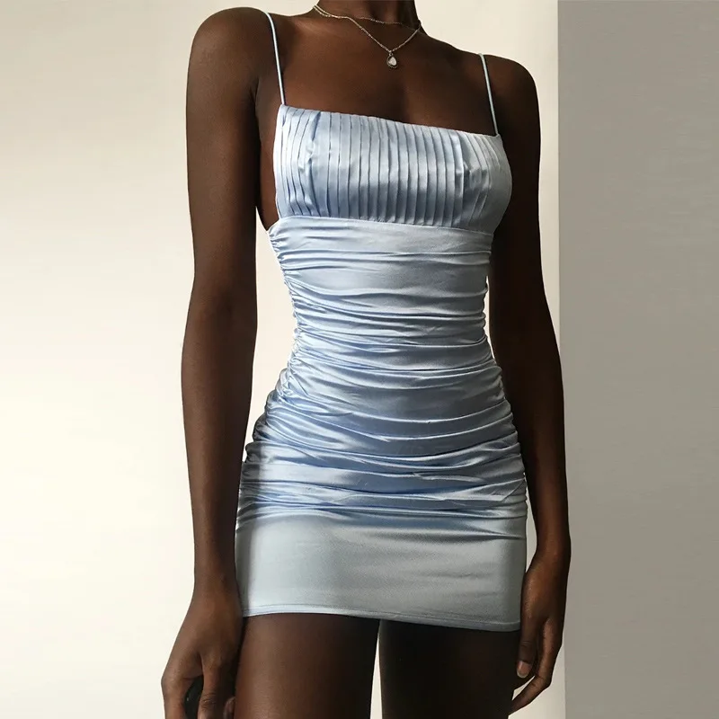 

Sexy Bodycon Yellow Summer Dress 2020 Sleeveless Spaghetti Strap Slash Neck Draped Mini Dress Party Casual Basic Beach Clothes