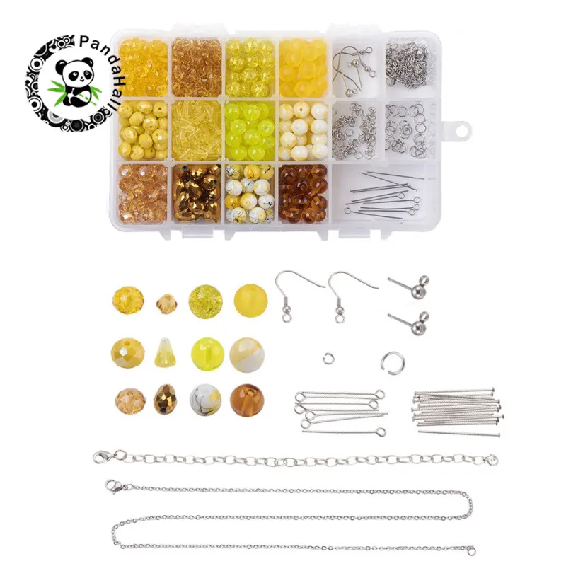 04 Yellow Pandahall 1 коробка набор украшений "сделай сам" изготовление со стеклянными бусинами 316 серьги из нержавеющей стали для железного жгут, браслет-цепочка для изготовления серег - Цвет: 04 Yellow