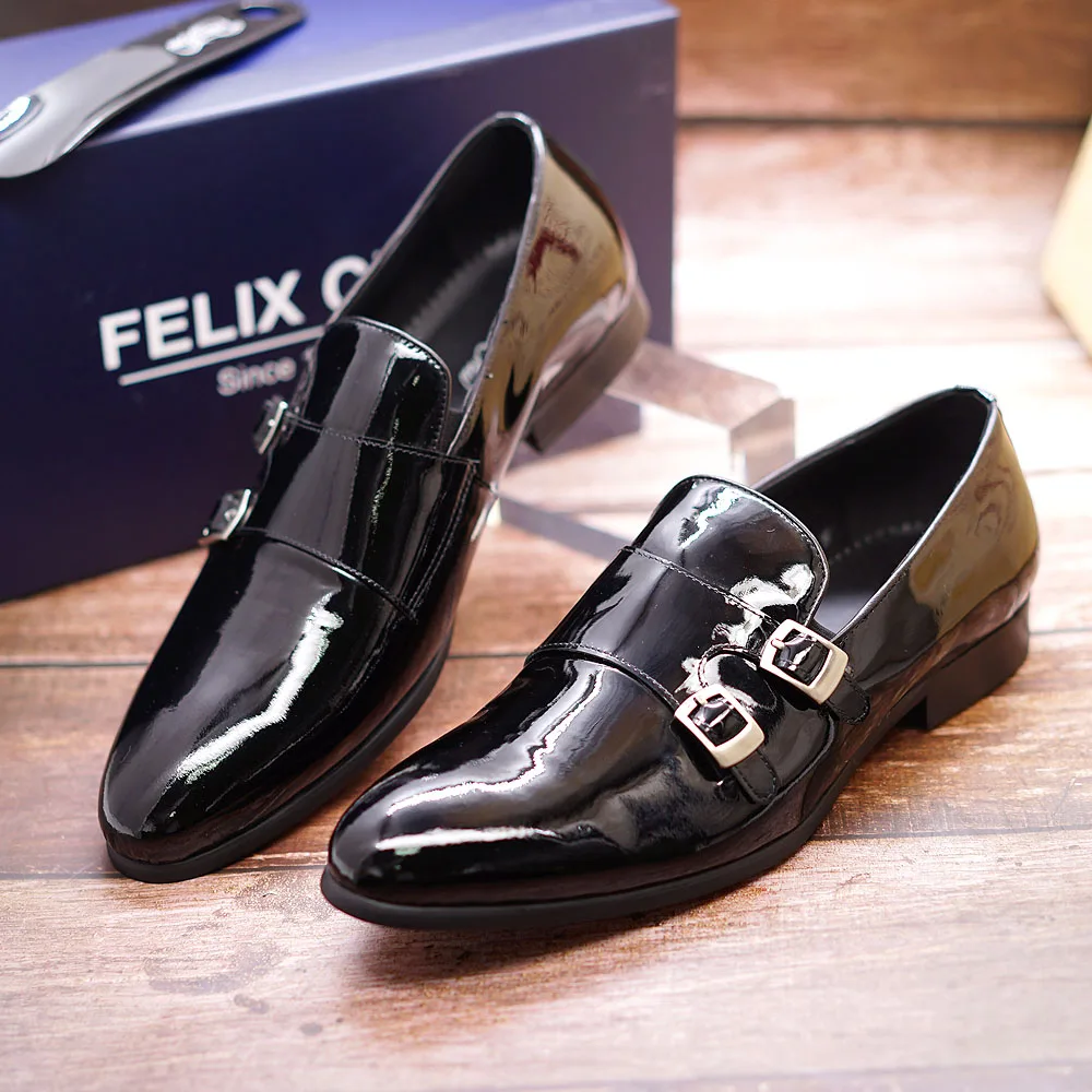 Luxuy Shiny Mens Loafer Shoes Patent Leather Black Slip-On Buckle Monk Strap Wedding Party New Dress for Men | Обувь