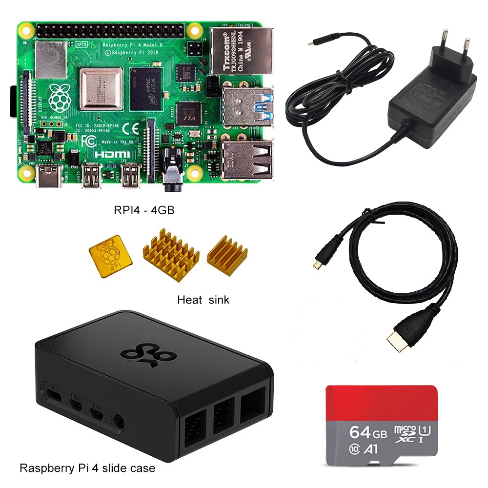 Официальный raspberry pi 4 kit Pi Model B PI 4B 2 ГБ/4 ГБ: плата + теплоотвод адаптер питания чехол