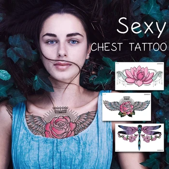 

Temporary Tattoo Sticker wings rose flower crown sexy chest back Fake Tatoo Flash Tatto waterproof Breast Art for Woman girl