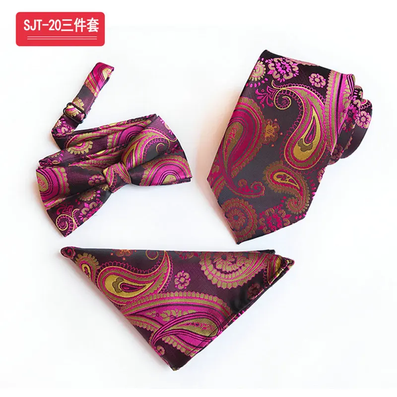 3Pcs Neck Tie Set 3 шт Мужские жаккардовые Пейсли плед Полосатый шелковый галстук мальчишник галстук-бабочка карман квадратный носовой платок Hanky комплект шейных Платков - Цвет: 3Pcs Neck Tie Set