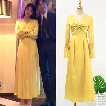

Yellow Dress for women V-neck DEL LUNA Hotel iu same clothes Lee Ji Eun Korean Summer Gifts Birthday Christmas Clothes Jin Panya