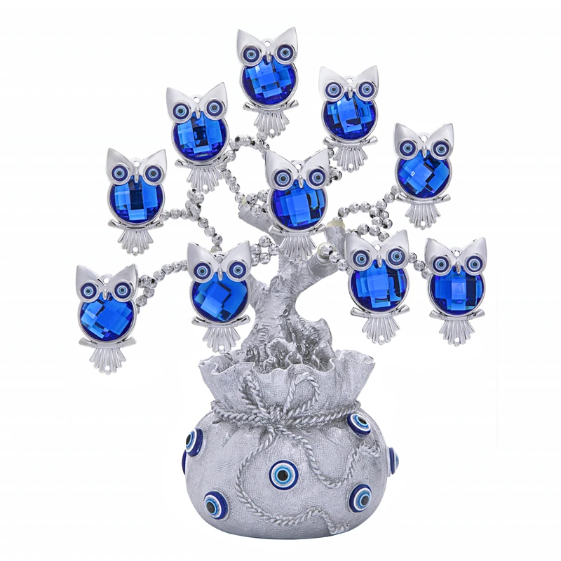 

H&D Reiki Owl Figurines Ornament Fengshui Evil Eye Tree with Lucky Bag Showpiece For Home Office Decor Good Luck Protection Gift