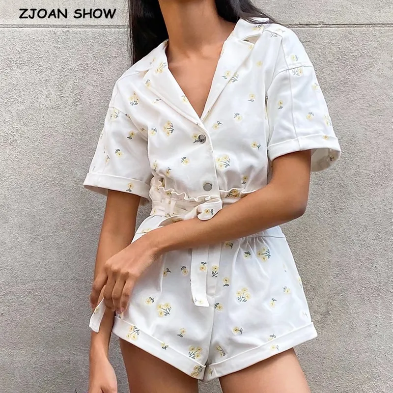 Jumpsuit Romper Short-Pants Flower Bow-Waist V-Neck Tie Embroidery Daisy Notched