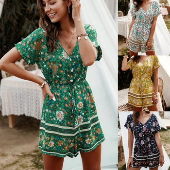 

Floral Printed Women's Casual Summer Playsuits Mini Short Sleeve V-Neck Beach Rompers Sashes Outfits