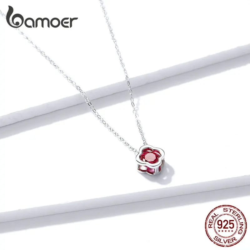 Bamoer GAN152 Настоящее 925 пробы Серебряное ожерелье с подвеской красный клевер цепочка ожерелье Счастливый лист подарок для женщин модное ювелирное изделие