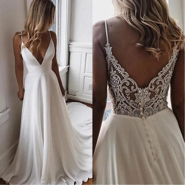 Modest Boho Wedding Dress Backless Spaghetti Straps Long Train Bohemian Beach Rehearsal Dinners Appliques Beaded robe de mariee | Свадьбы и