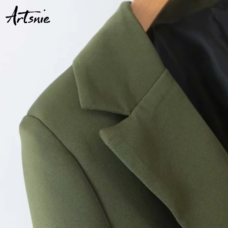 Artsnie autumn notched blazer women double pockets breasted coats female casual long sleeve green winter blazers mujer