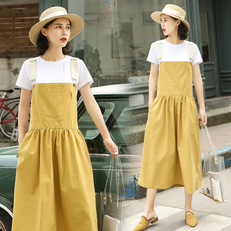 

2019 Summer Korean-style Suspender Strap Skirt Student Long over-the-Knee T-shirt Two-Piece Set by Age College Style a Suspender