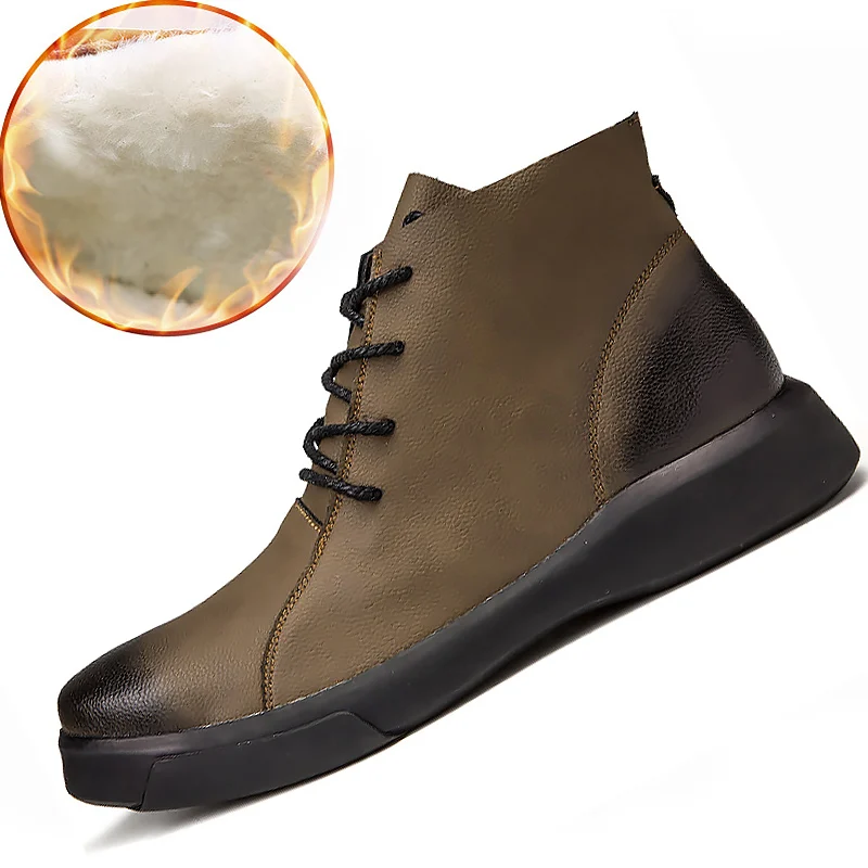 Brown plus velvet Ботинки мужские ботильоны из натуральной кожи, большой размер 47, износостойкие Нескользящие зимние ботинки на резиновой подошве плюшевая теплая зимняя обувь для мужчин - Цвет: Brown plus velvet