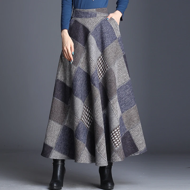 blue plaid Винтажная клетчатая юбка Женская осенне-зимняя английская стильная шерстяная юбка с высокой талией средней длины Элегантная Женская юбка-трапеция больших размеров - Цвет: blue plaid