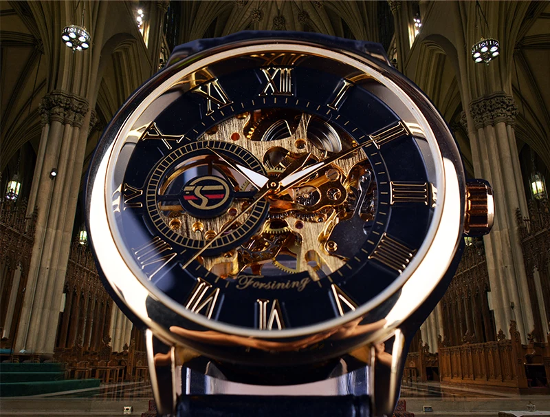 Men Watches Forsining Luxury Mechanical Skeleton Watch 3D Literal Design Roman Number Black Dial Clock