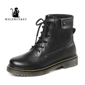 

New Women Martin Boots Black Beige Lace-up Genuine Leather Winter Shoes Casual Non-slip Wearproof Botas Mujer Female Ankle Boots