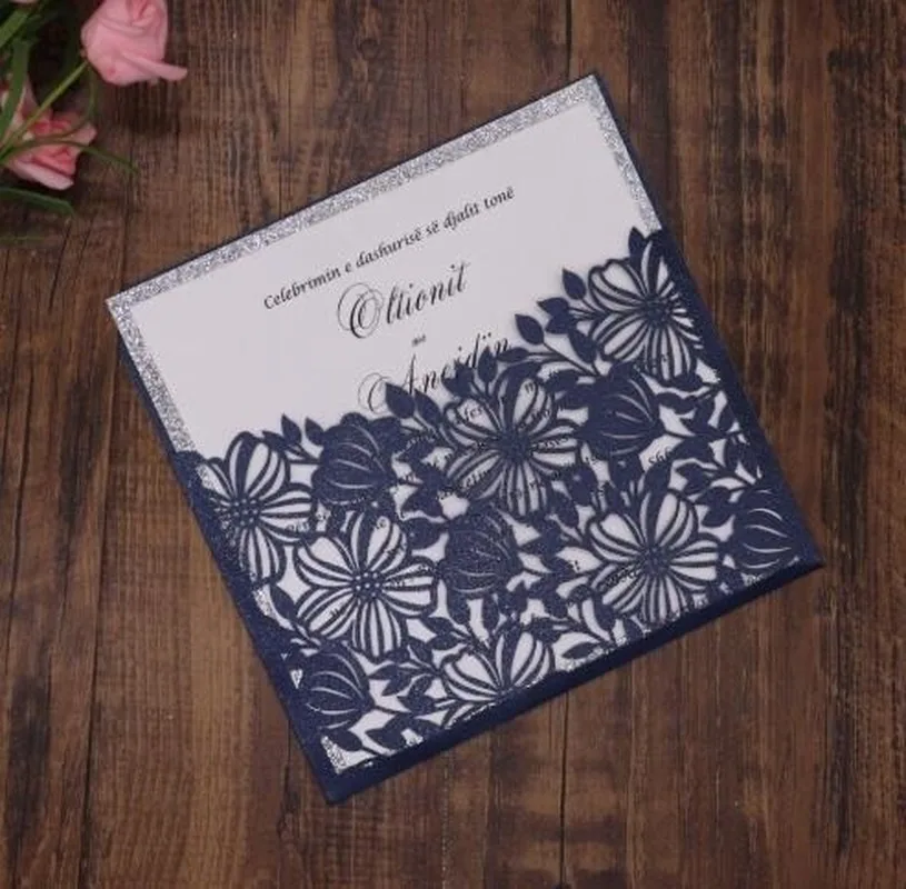 50pcs Laser Cut Wedding Invitations Glitter Lace Hollow Flora Elegant Invites Cards For Marriage