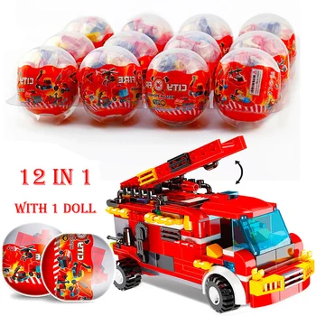 

12Pcs Fire Fighting Trucks Mini Egg Building Blocks Compatible City Model Car Firefighter Bricks Educational Children Toy