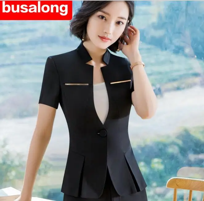 black skirt set Лето новая официальная Женская юбка костюм комплект Темперамент Блейзер с короткими рукавами и юбка Офисная Женская спецодежда больших размеров - Цвет: black skirt set