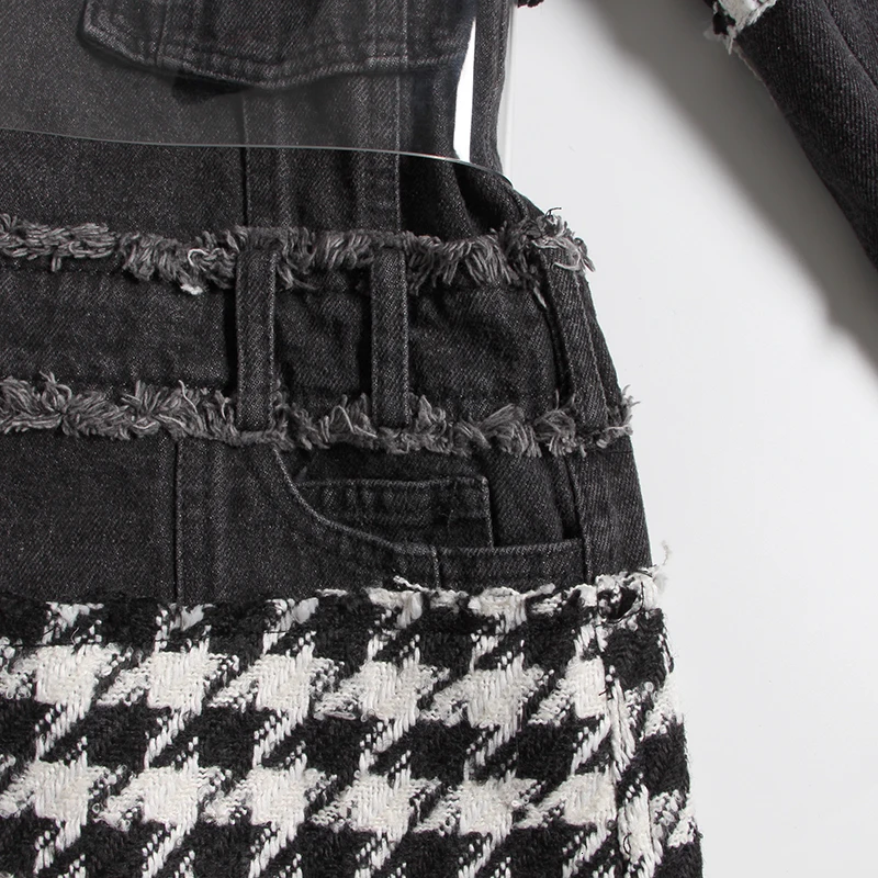 HIGH QUALITY Runway Plaid Color Block Patchwork Denim Blazer For Women Notched Long Sleeve Tassel Pocket Female Suit Autumn