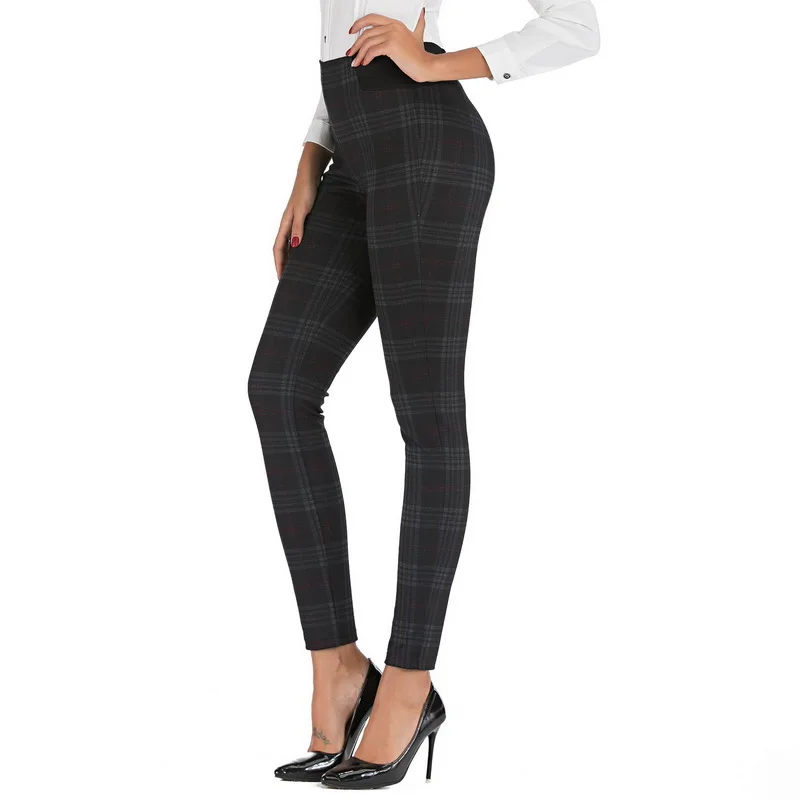 

Chic Women Skinny Pant Autumn 2019 New Fashion Black Plaid Stretch Legging Bottom High Waist Pencil Pant Modern Lady Long Pants