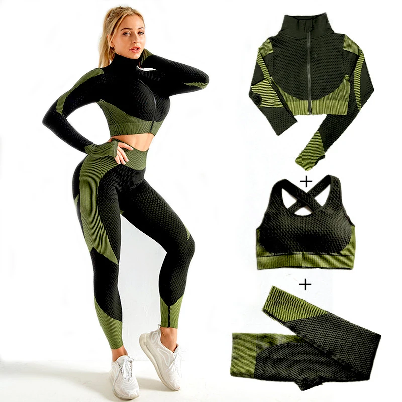Leggings Tracksuit Fitness-Suits Yoga-Sets Sport-Bra Seamless Long-Sleeve Women 2pcs/3pcs