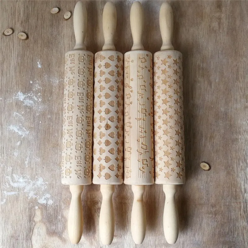 Christmas Wooden Embossing Note Type Wooden Note Printing Rolling Pin Wooden Carving Embossed Rolling Pin Cookie Dough Stick