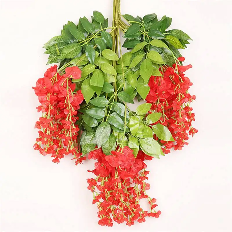 12 шт поддельные цветы глицинии лоза Искусственные цветы с зеленым с растительным принтом в виде листьев для свадебного украшения Гирлянда для развешивания домашнего декора - Цвет: Short Red