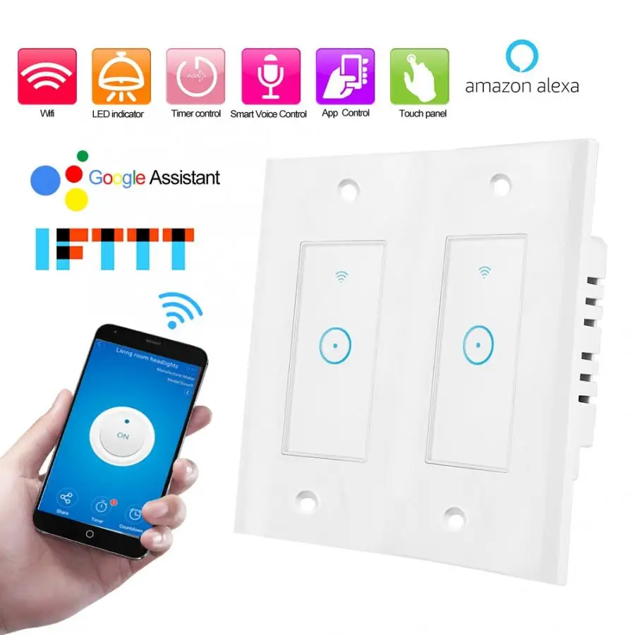 

Wifi 2CH Smart APP Remote Control Wall Touch Switch for Google Home/Amazon Alexa US 110-240V