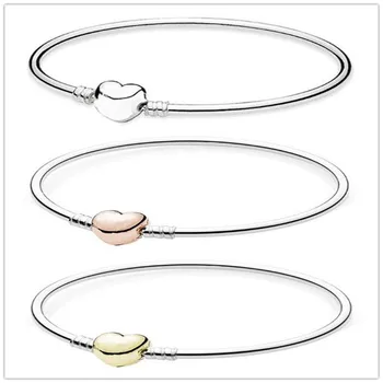 

925 Sterling Silver Bracelet Love Heart Clasp Snake Chain Bracelet Bangle Fit Women Bead Charm Diy Pandora Jewelry