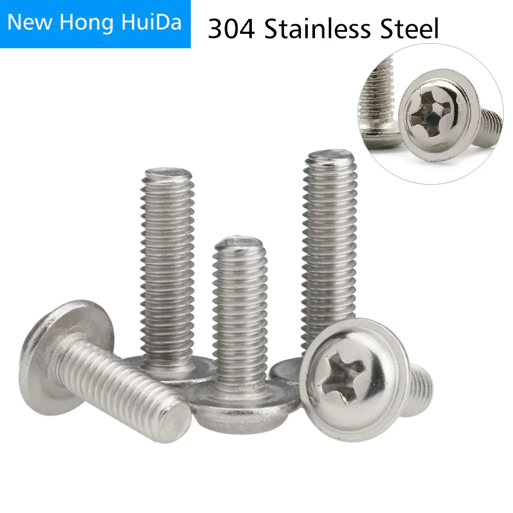M3 M4 Phillips Screw Round head With Washer Pad Screws Stainless Steel Bolts 