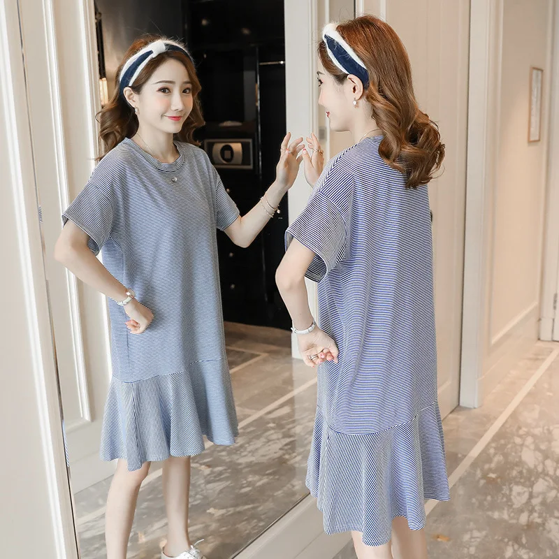 

2018 Pregnant Women Dress Summer Loose And Plus-sized Mid-length Cotton Blend Short-sleeve Dress Stripes T-shirt Dress