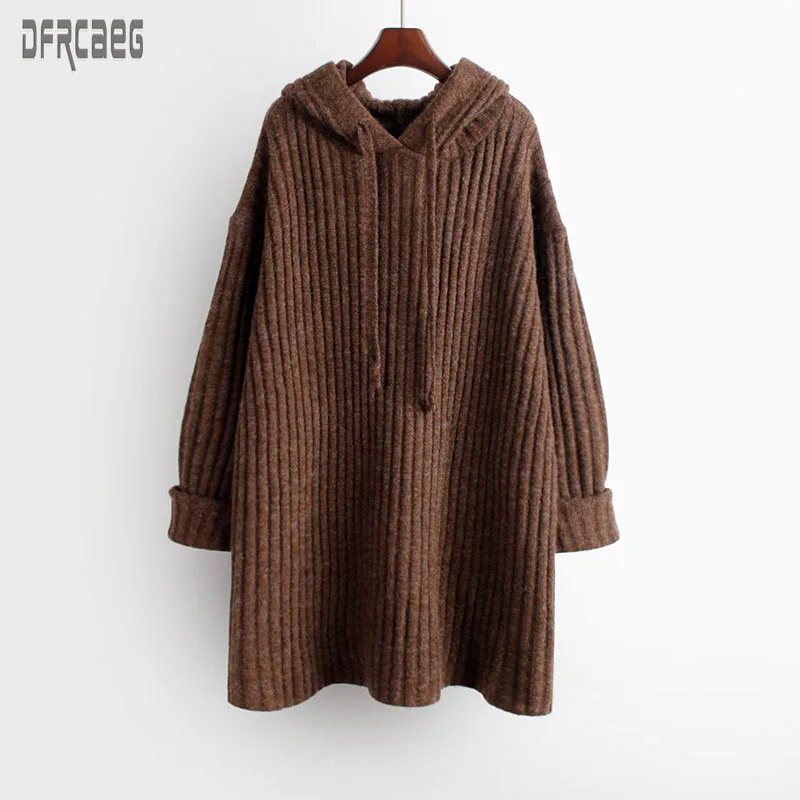

New 2019 Euro Style Women's Pullovers Knitted Hooded Sweater Autumn Solid Long Sleeve Ladies Sweater Brown Casual Sweater Coat